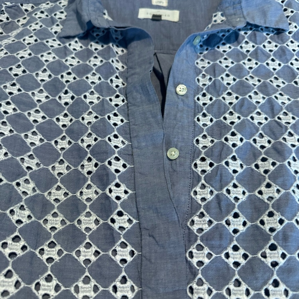 LOFT Navy and White Crochet Blouse